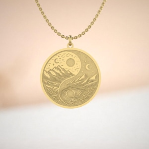 Yin Yang Pendant Necklace Gold | Sun Moon Mountain Medallion | Balance Harmony Jewelry | Gold Plated Chain | Spiritual Gift for Her or Him