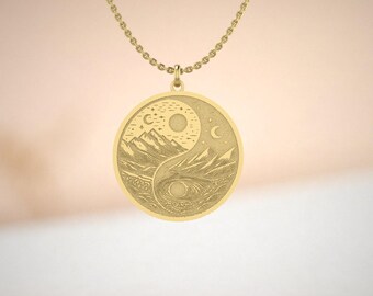 Yin Yang Hänge Halsband Guld | Sol Måne Berg Medaljong | Balans Harmoni Smycken | Förgylld Kedja | Andlig Gåva till Henne eller Honom