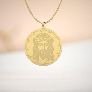 14k Gold Plated Jesus Pendant Necklace Hand Engraved Face of Christ Medallion Religious Jewelry Solid Gold Polished Finish Catholic Gift