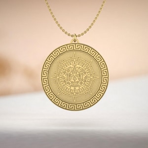 Aztec Calendar Pendant Necklace – Gold Plated Sun Stone Jewelry with Tonatiuh Motif – Mesoamerican Symbolic Statement Piece