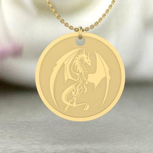 14k Gold Dragon Pendant Necklace – Engraved Dragon Jewelry for Protection & Strength – Chinese Dragon Charm – Solid Gold Mythical Amulet