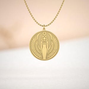 Egyptian Ma&#39;at Pendant Necklace | Gold Plated Brass Jewelry | Goddess of Truth & Justice | Spiritual Gift | Winged Ankh Charm