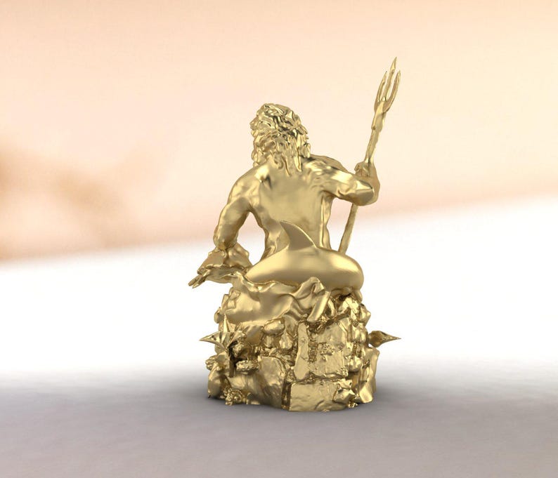 Detailed Poseidon statue showing powerful sea deity with flowing hair and beard, holding iconic trident weapon, coral reef base design