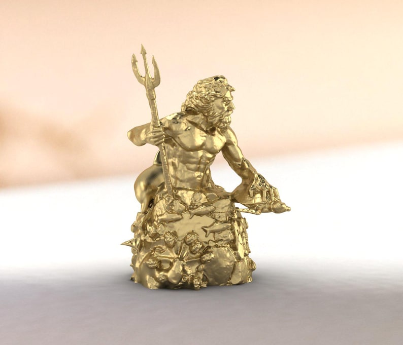 Miniature Neptune figurine, 3cm golden sea god sculpture, classical mythology art piece ideal for desk display or nautical home decor