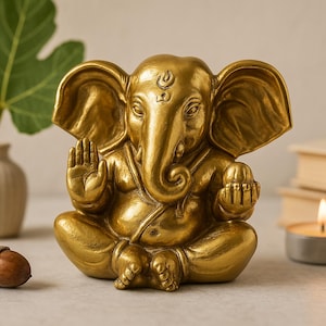 Golden Ganesha Statue Hindu God Figurine Brass Elephant Deity Home Decor Meditation Altar Spiritual Gift Diwali Ganpati