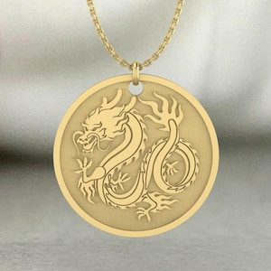 Gold Chinese Dragon Pendant Necklace – 14k Style Lucky Amulet Jewelry, Symbol of Strength, Prosperity & Power, Asian Zodiac Gift