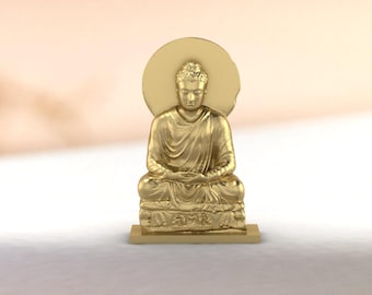 Handcrafted Golden Buddha Statue - 3cm Meditation Figurine with Halo - Buddhist Home Altar Decor - Brass Finish Zen Sculpture