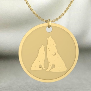 Gold Wolf Moon Pendant Necklace – Two Wolves Howling at Moon – Symbol of Loyalty, Protection & Nature – Stainless Steel Gold Chain Jewelry