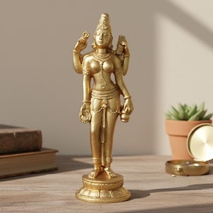 Può includere: Una statua dorata di una divinità con più braccia, in piedi su una base rotonda. La statua è adornata con dettagli intricati e gioielli. Una piccola pianta in vaso e un contenitore decorativo sono sullo sfondo.