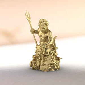 Classical mythology statue of sea god Neptune, metallic finish sculpture perfect for maritime themed rooms and mythology enthusiasts
