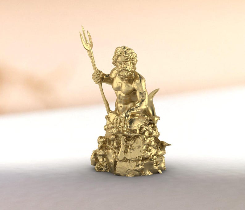 Classical mythology statue of sea god Neptune, metallic finish sculpture perfect for maritime themed rooms and mythology enthusiasts