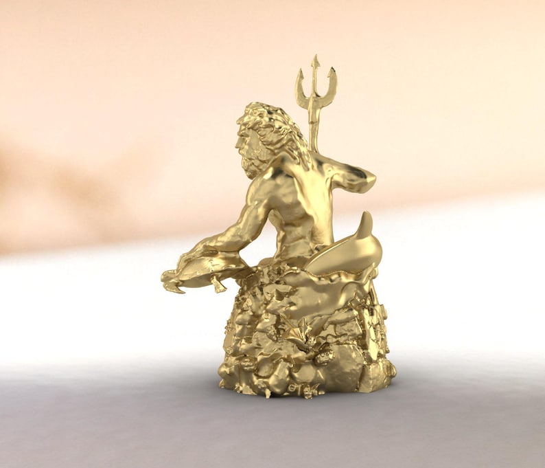 Gold-toned Neptune collectible figurine, sitting pose with trident raised, ornate ocean floor base featuring marine life and coral elements
