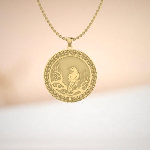 Gold Raven Pendant Necklace – Laurel Wreath Design – Norse Raven Symbol – Nature Bird Jewelry – Gold-Plated Brass – Gothic Viking Style