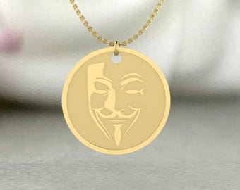 Gold Guy Fawkes Mask Pendant Necklace – Anonymous V for Vendetta Jewelry Protest Symbol Necklace – Minimalist Statement Gift for Him or Her