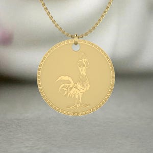 14K Gold-Filled Rooster Pendant Necklace – Zodiac Animal Jewelry – Greek Key Border Design – Lucky Symbol Amulet – Chinese Zodiac Gift