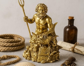 Goudmessing standbeeld koning Neptunus – Poseidon Sea God drietand bureaudecorminiatuur