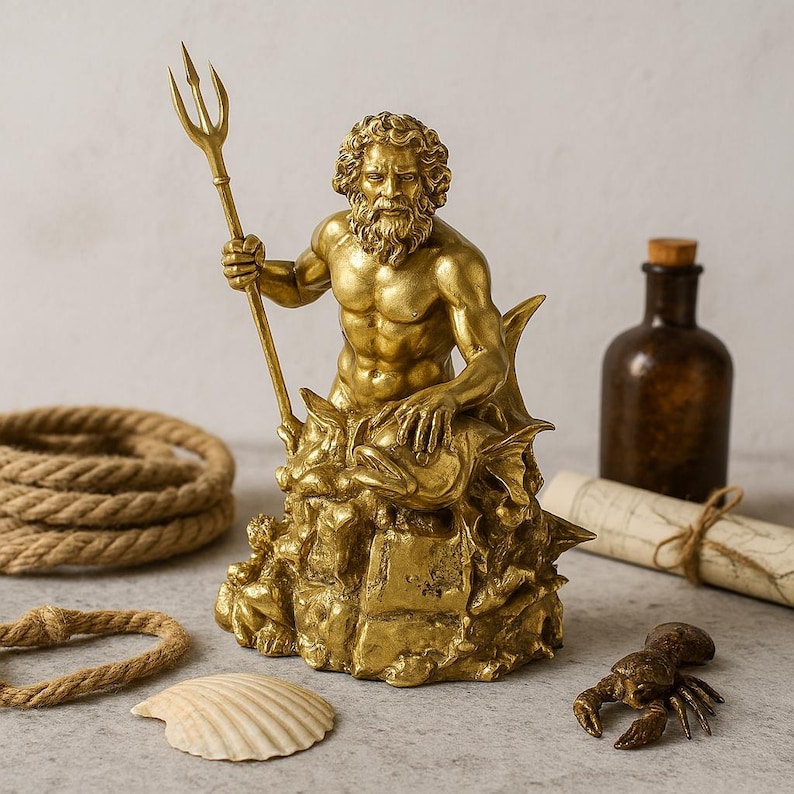 Golden King Neptune statue holding trident, sitting on coral base, detailed mythological figurine perfect for ocean lovers and collectors