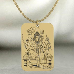 Hindu Goddess Durga Pendant Necklace Strength, Power & Protection, Durga Riding Lion with Multiple Weapons, Stainless Steel or Silver Amulet