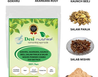 Desi Nushke Gokhru,Salab Mishri,Kaunch Beej,Salam Panja & Akarkara Root Powder Combo 200gm | Energy,Power Booster for Men 1 Month Pack