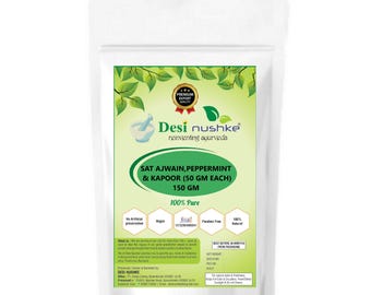 Desi Nushke Sat Ajwain, menta y cristal Kapoor (50 g cada uno) Combo/timol (Ajwain ki Phool), mentol y alcanfor/100% puro y natural