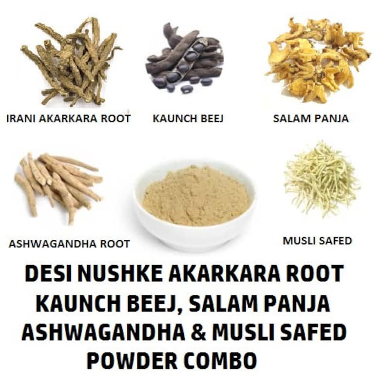 Akarkara, Salam Panja, Safed Musli, Kaunch & Ashwagandha Powder Combo|7.05 oz|Boost Performance, Energy And Power For Men (1 month Pack) image 4