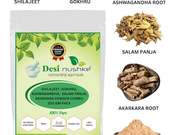 Desi Nushke Shilajit,Gokhru,Ashwagandha Root,Salam Panja & Akarkara Powder Combo |200GM | Ayurvedic Blend for Men| Stamina Booster | 7.05 Oz