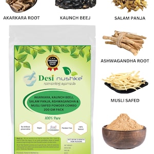 Akarkara, Salam Panja, Safed Musli, Kaunch y Ashwagandha en polvo combinado/7.05 oz/aumenta el rendimiento, la energía y la potencia para hombres (paquete de 1 mes)
