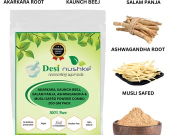 Akarkara, Salam Panja, Safed Musli, Kaunch & Ashwagandha Powder Combo|7.05 oz|Boost Performance, Energy And Power For Men (1 month Pack)