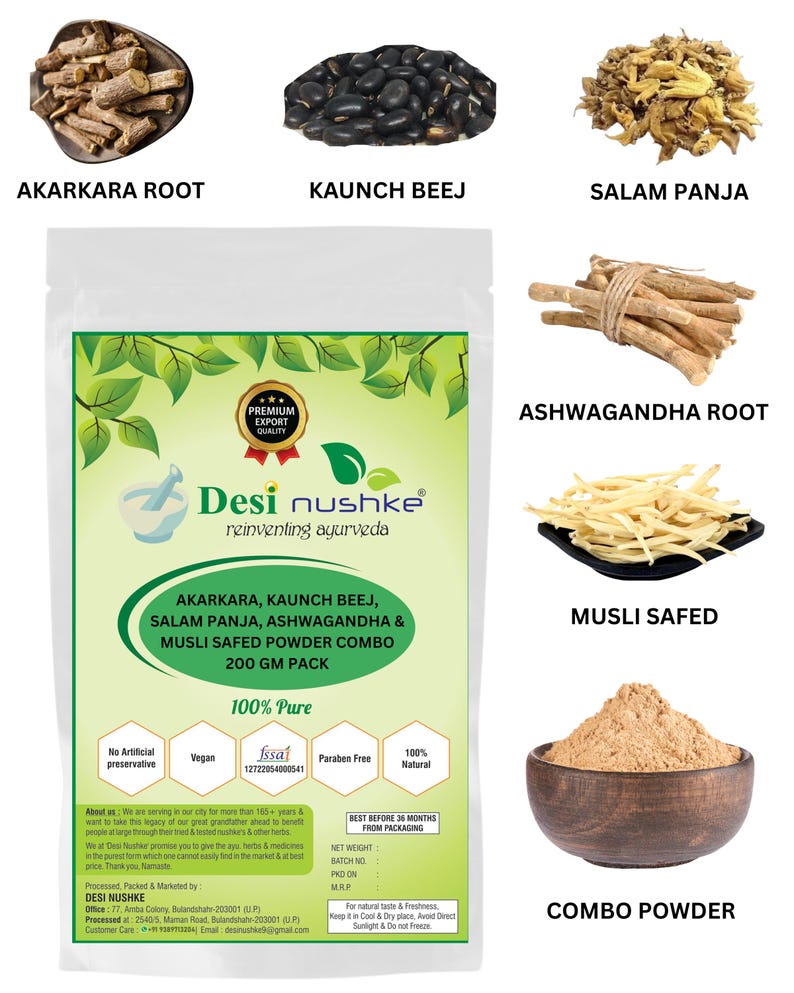 Akarkara, Salam Panja, Safed Musli, Kaunch & Ashwagandha Powder Combo|7.05 oz|Boost Performance, Energy And Power For Men (1 month Pack) image 1