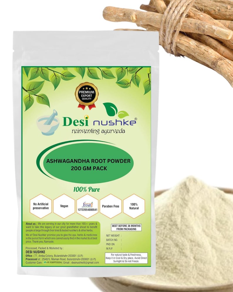 Desi Nushke Organic Ashwagandha root Powder |3.52 oz | Indian Ginseng | fenugreek ashwagandha |Aphrodisiac| Withania Somnifera Radix |100 GM image 1
