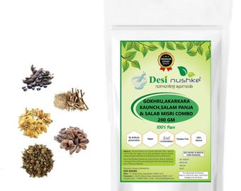 Desi Nushke Gokhru, Salab Mishri, Kaunch Beej, Salam Panja y Akarkara Root Powder Combo 7.05 oz/potenciador de energía y resistencia para hombres, paquete de 1 mes