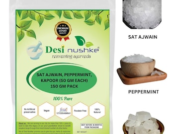 Sat Ajwain,Peppermint & Kapoor Crystal (50 Gm Each) Combo|Thymol (Ajwain Phool),menthol and Camphor Crystal|Total Weight 150 Gm IPlant based