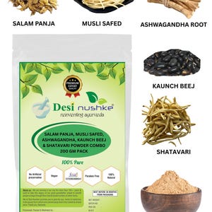サラム パンジャ、ムスリ セーフェド、アシュワガンダ、カウンチ & シャタバリ パウダー コンボ |200 GM|ハーブエネルギー、男性用スタミナブースター | 1ヶ月パック | 7.05オンス