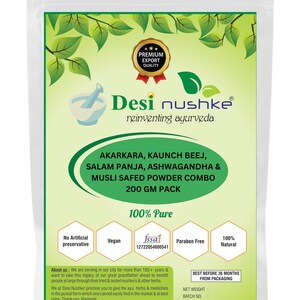 Akarkara, Salam Panja, Safed Musli, Kaunch & Ashwagandha Powder Combo|7.05 oz|Boost Performance, Energy And Power For Men (1 month Pack) image 2