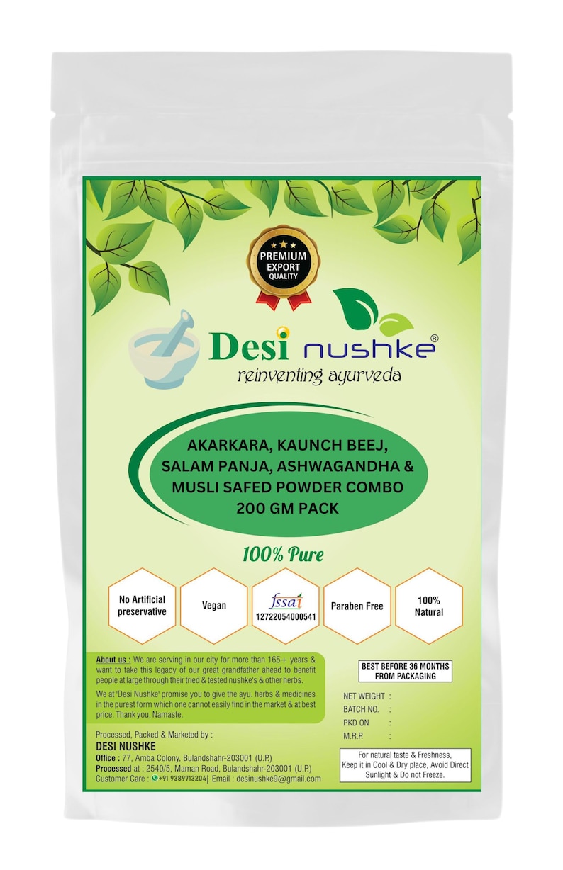 Akarkara, Salam Panja, Safed Musli, Kaunch & Ashwagandha Powder Combo|7.05 oz|Boost Performance, Energy And Power For Men (1 month Pack) image 2