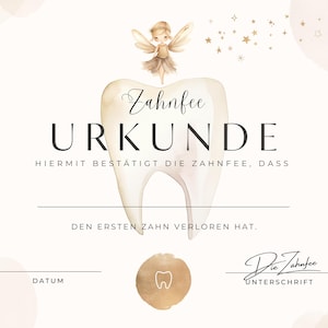 Zahnfee Urkunde für Kinder, zum selber ausdrucken, erster Zahn, Milchzähne, digital