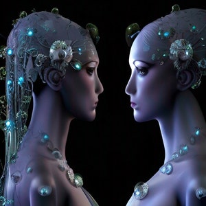 Op de afbeelding: Twee naakte figuren met blauwe en groene accenten op hun huid en haar. De figuren staan ​​tegenover elkaar en hebben een serieuze uitdrukking op hun gezichten.