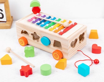 Montessori Kinderspielzeug aus Holz / Pädagogisches Lernspielzeug / Geburtstagsgeschenk für Kinder / Farben, Formen, Klänge / Xylophon