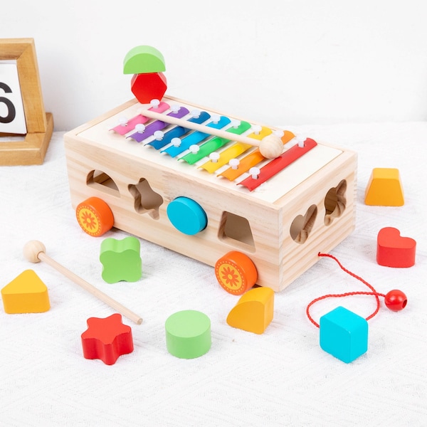 Montessori Kinderspielzeug aus Holz / Pädagogisches Lernspielzeug / Geburtstagsgeschenk für Kinder / Farben, Formen, Klänge / Xylophon