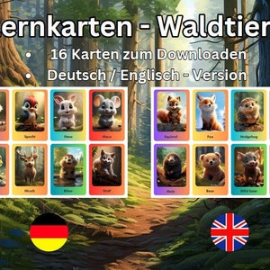 Lernkarten für Kinder / Tiere Waldedition / erste Wörter / Sprachen lernen / Montessori flashcards / digital zum Ausdrucken /  Top-Geschenk
