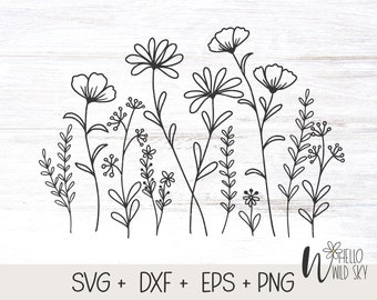 Wildblumen SVG, Blumen SVG, Blumenfeld SVG, Wildblumen SVG, Blumen Skizze SVG, SVG für Cricut, Instant Download, Wildblumenwiese svg