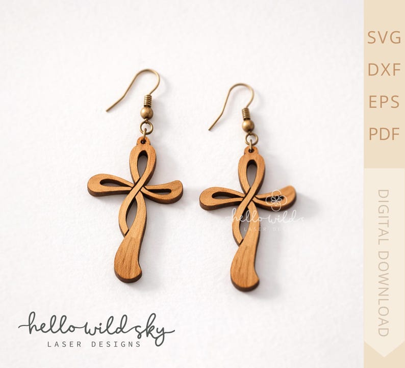 May include: Wooden cross earrings with a flowing design. The earrings are light brown and have brass-coloured ear wires. The words "hello wild sky" and "laser designs" are printed at the bottom of the image. The image also includes the words "SVG, DXF, EPS, PDF, DIGITAL DOWNLOAD".