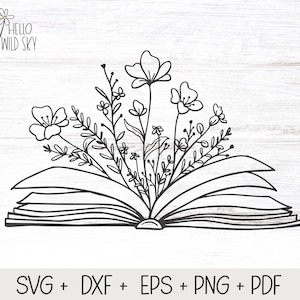 Boek SVG-ontwerp, boek met bloemen Svg, boek Svg, Wildflower SVG-bestand voor Cricut, Book Lover svg, bloemen die uit een boek groeien