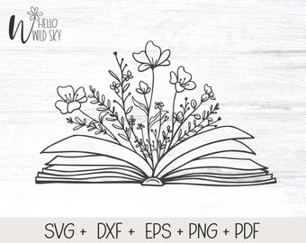 Projekt książki SVG, Książka z kwiatami SVG, Książka SVG, Plik Wildflower SVG dla Cricut, Miłośnik książek SVG, Kwiaty wyrastające z książki