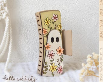 Cute Floral Ghost Hair Clip SVG, Cute Halloween Hair Clip Design 4.1", Ghost With Flowers Laser Cut File (Digital Download)