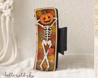 Skeleton Hair Clip SVG, Halloween Pumpkin Hair Clip 4.1", Skeleton Barrette, Wooden Hair Clip, Fall Leaf Claw Clip, (Digital Download)