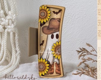 Halloween Cowboy Ghost Hair Clip SVG, Western Ghost Claw Clip 4.1",  Howdy Halloween Hair Clip Design (Digital Download)