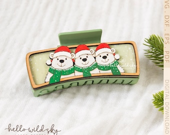 Christmas Polar Bear Hair Clip, Cute Winter Bear Claw Clip 4.1", Santa Bear Hair Accessory, (Digital Download)