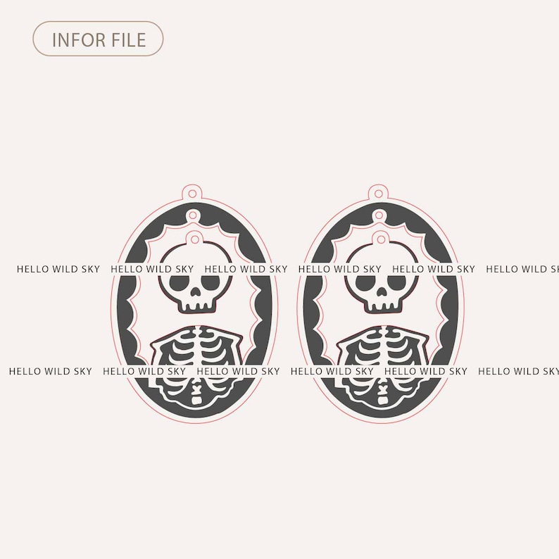 May include: Two black and white Halloween-themed oval pendants. Each pendant features a skull and rib cage design within a decorative frame. The text "HELLO WILD SKY" is repeated around the oval. The text "INFOR FILE" is at the top.