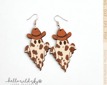 Ghost Cowboy Glowforge earrings, Cute Ghost earrings, Cute Ghost Flower Laser earrings, digital laser file, ghost earrings Halloween SVG